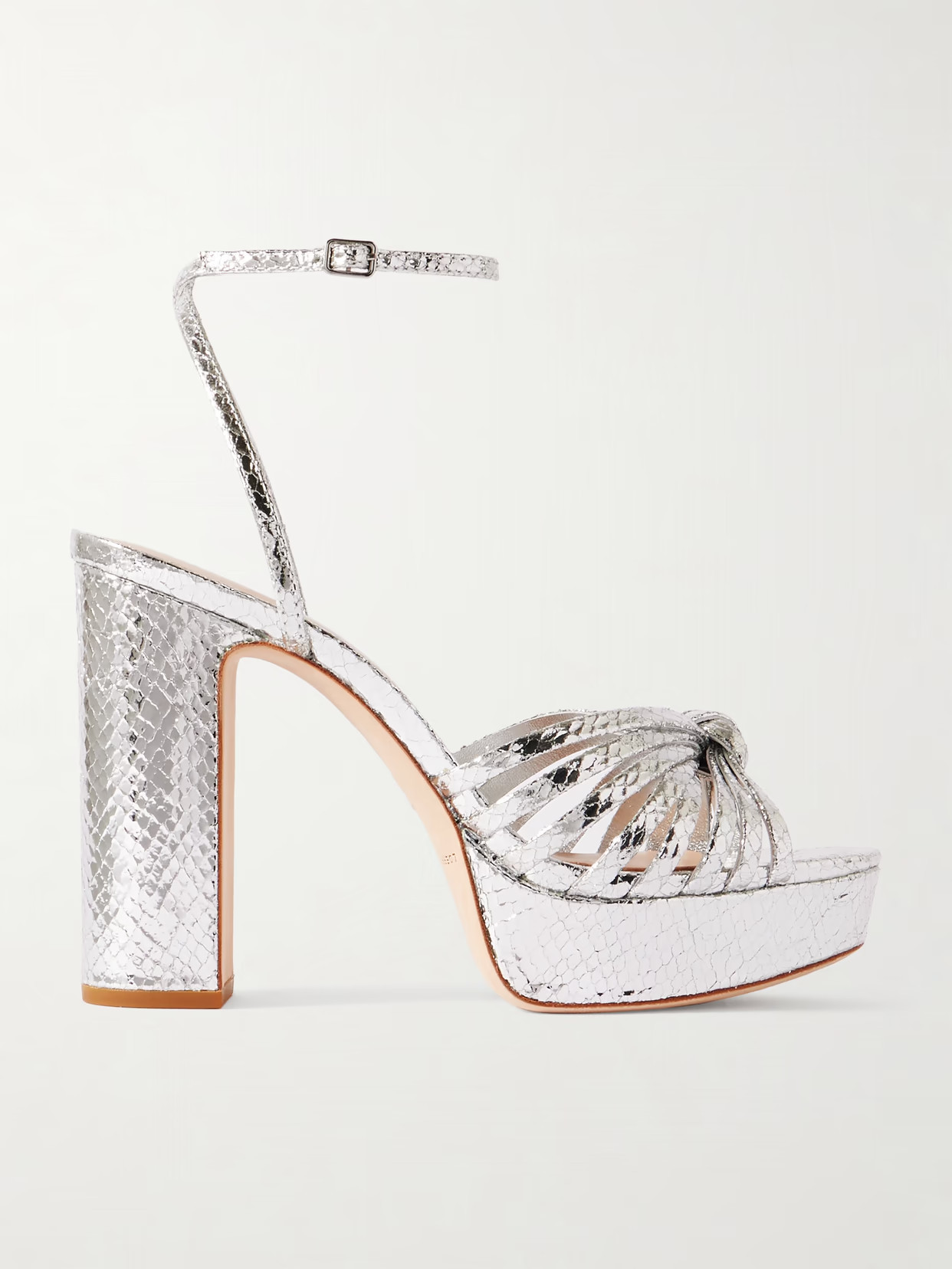 Loeffler Randall - Rivka Knotted Metallic Snake-effect Leather Platform Sandals - Silver | NET-A-PORTER (US)