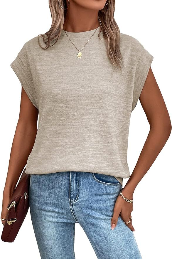 Cozyease Women's Stand Collar Cap Sleeve Tee Shirt Summer Casual Workwear Tops | Amazon (US)