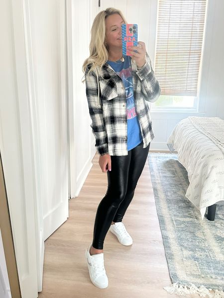 Don’t sleep on these faux leather leggings from Walmart. They are such a good save!! Wearing size small. Band graphic tee is size medium. Flannel comes in so many colors and is so good. It’s a size small. Shoes are so comfy!!!

#LTKstyletip #LTKFind #LTKunder50