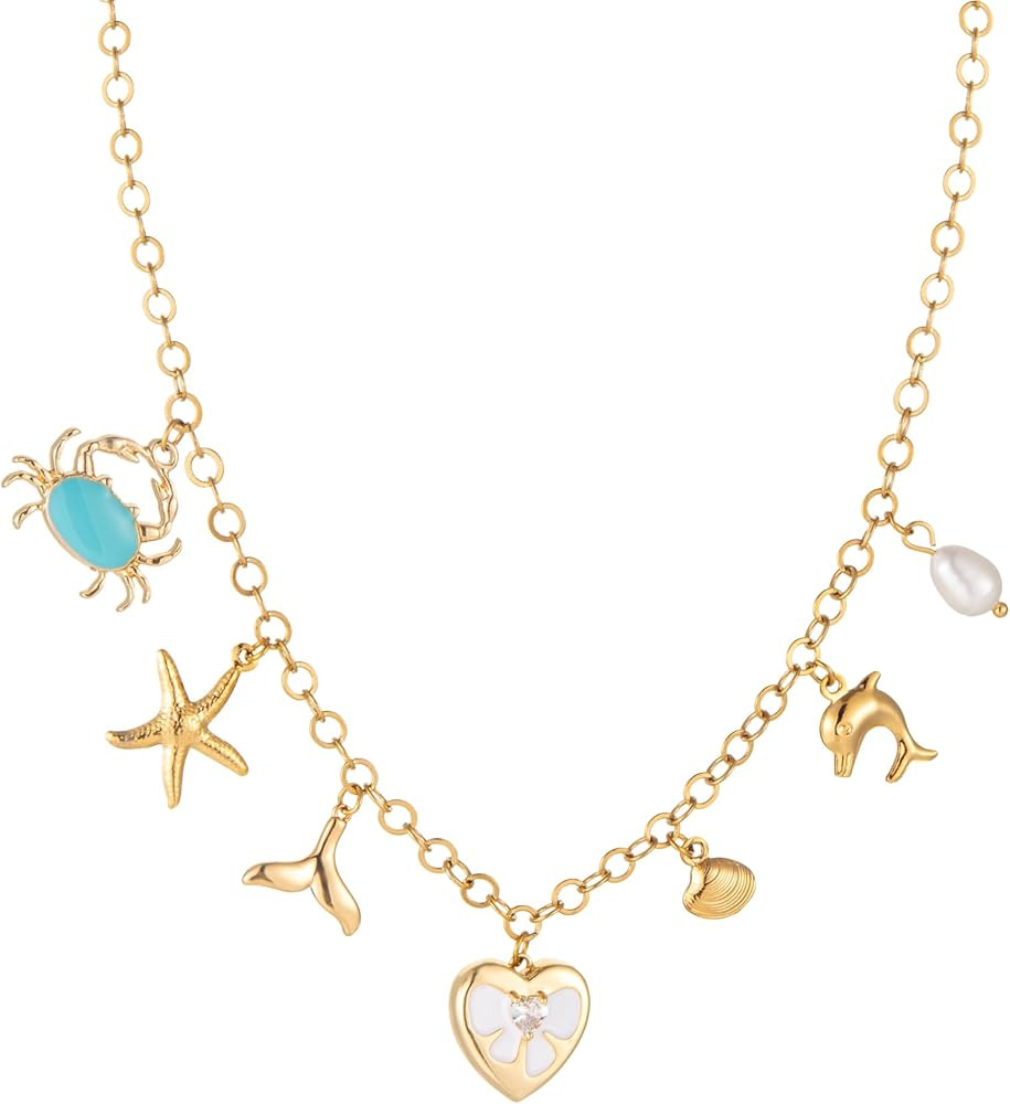 Charm Necklace for Women Bow Starfish Pearl Seashell 18k Gold Summer Beach Surfer Jewelry Necklac... | Amazon (US)