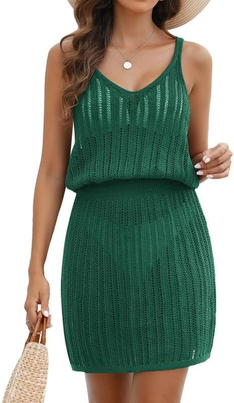 AI'MAGE Women's Crochet Cover Up Dress Hollow Out Bathing Suit Cover Up Sleeveless Swim Covers Su... | Amazon (US)