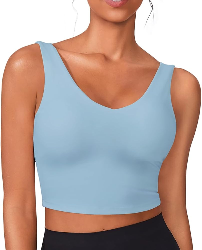 PINSPARK Sports Bras for Women Built in Bras Padded Yoga Bra V Neck Longline Workout Tank Tops wi... | Amazon (US)