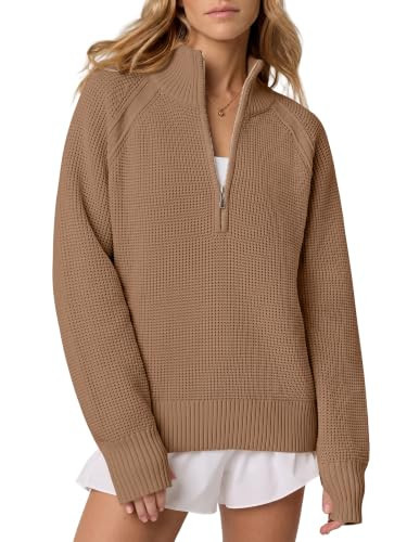 ANRABESS Womens Sweaters Fall Waffle Knit Quarter Zip Pullover Top,Camel,L | Amazon (US)