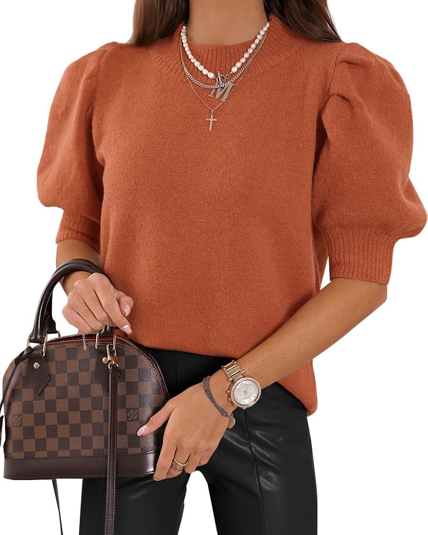 Women's Puff Short Sleeve Sweater Tops 2024 Spring Summer Trendy Crew Neck Casual T Shirts Blouse... | Amazon (US)