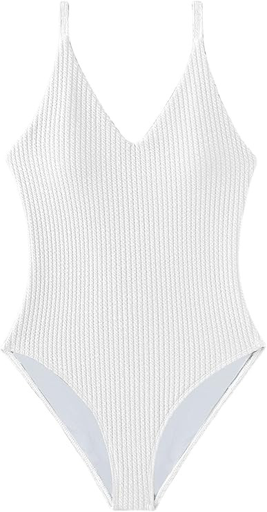 SweatyRocks Women's V Neck One Piece Bathing Suit Strappy Ribbed Monokini Swimsuit | Amazon (US)