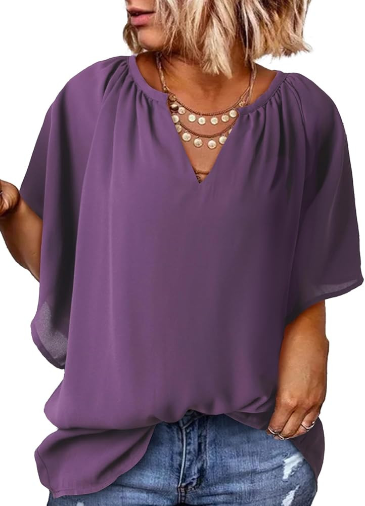 Eytino Womens Plus Size Tops Loose V Neck Bell Short Sleeve Casual Chiffon Blouses Pleated Flowy ... | Amazon (US)