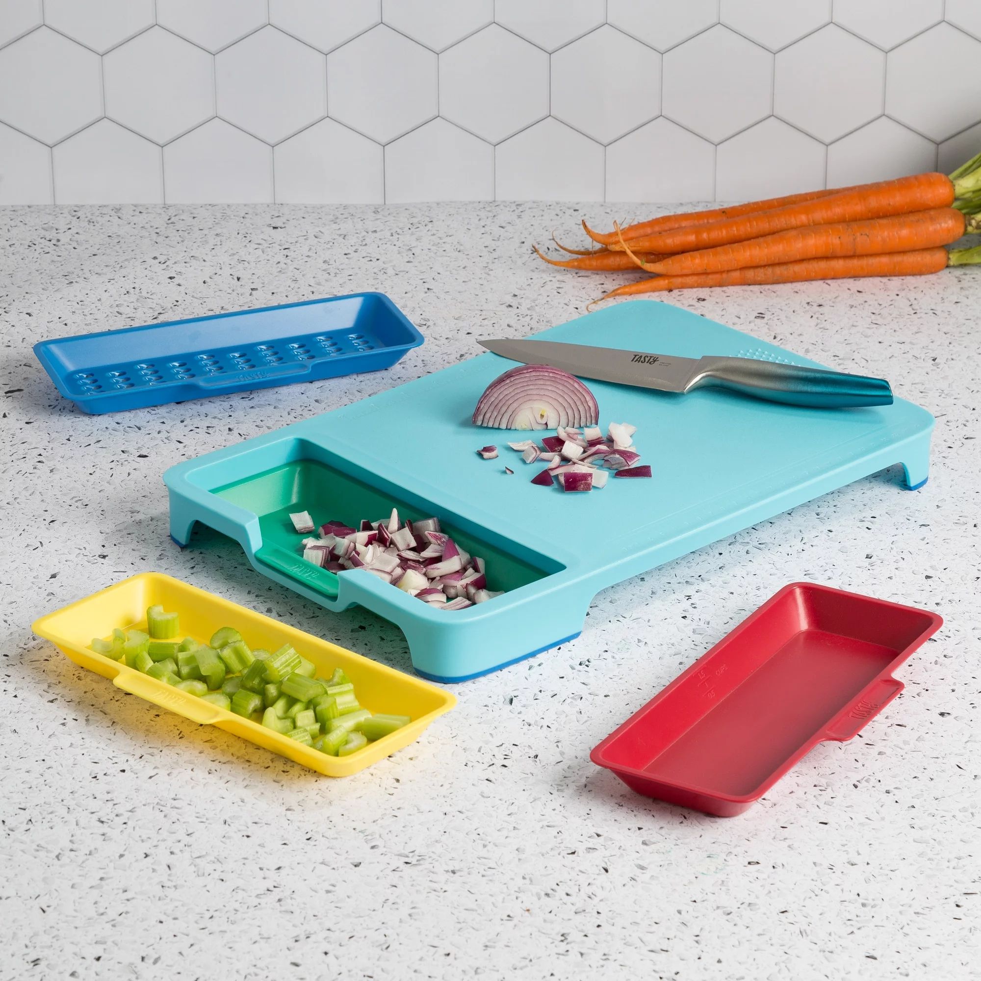 Tasty Poly Cutting Board Prep Station Set with Removable Trays, Tasty Blue, 5 Piece - Walmart.com | Walmart (US)