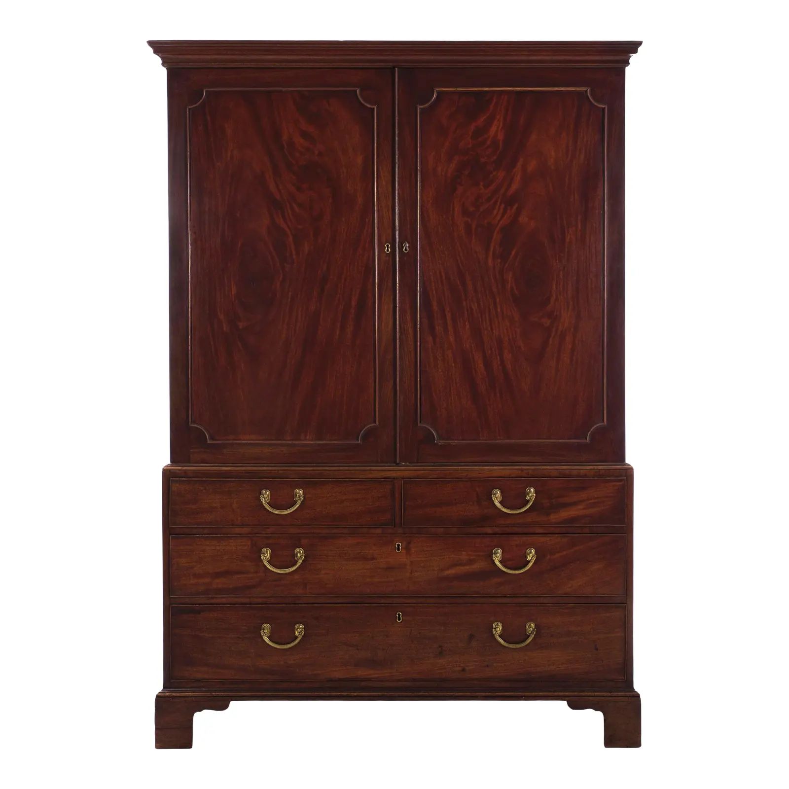 English George III Mahogany Antique Linen Press Armoire Over Chest of Drawers Circa 1800 | Chairish