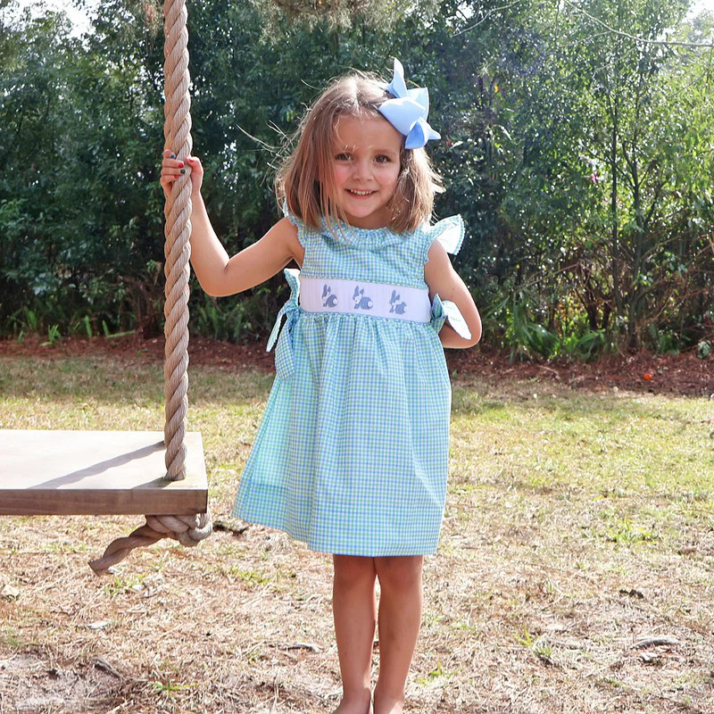 Easter Bunny Smocked Blue & Green Gingham Side Tie Bow Dress | Classic Whimsy
