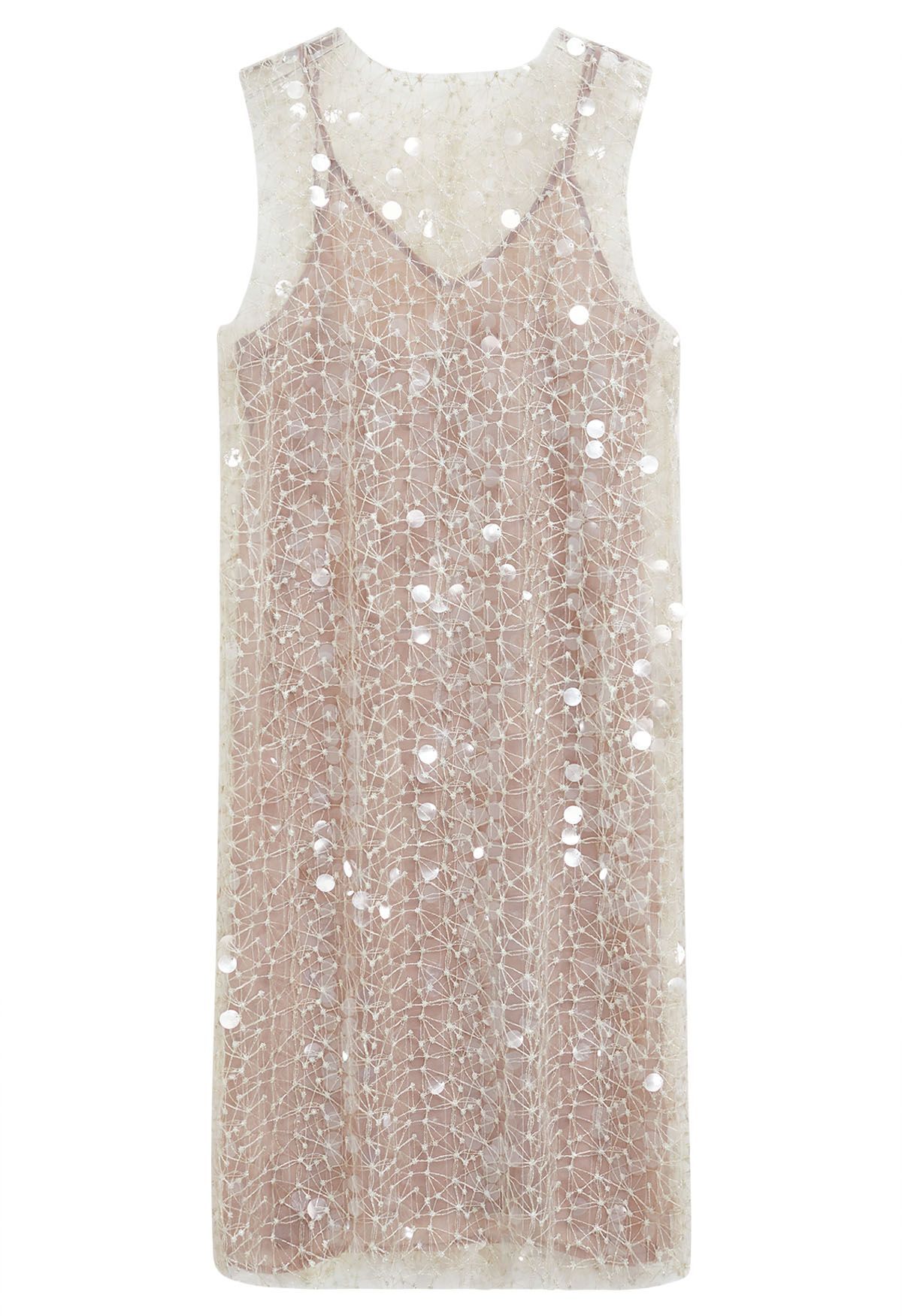Embroidered Sequin Mesh Sleeveless Dress in Dusty Pink | Chicwish