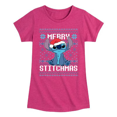 Girls' Lilo & Stitch Merry Stitchmas Christmas Cross Stitch Fitted Short Sleeve Graphic T-Shirt - Heather Fuchsia - Medium | Target