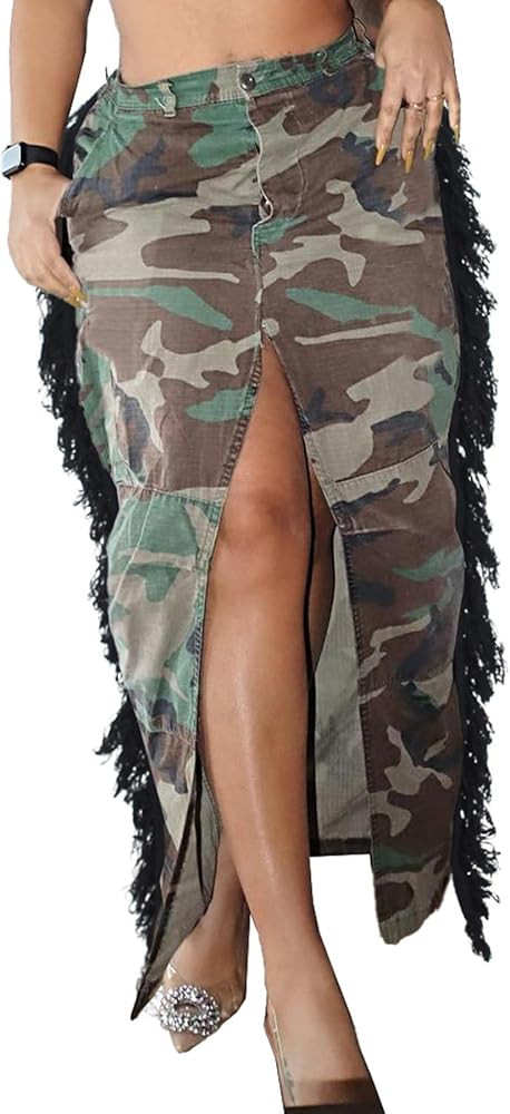 Tcremisa Womens Camo Fringe Skirt High Waisted Camouflage Side Tassels Patchwork Cargo Short Mini... | Amazon (US)