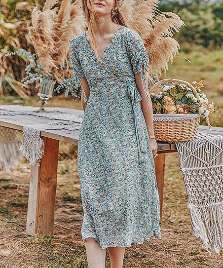 Blue Floral Surplice Tie-Sleeve A-Line Dress - Women | Zulily