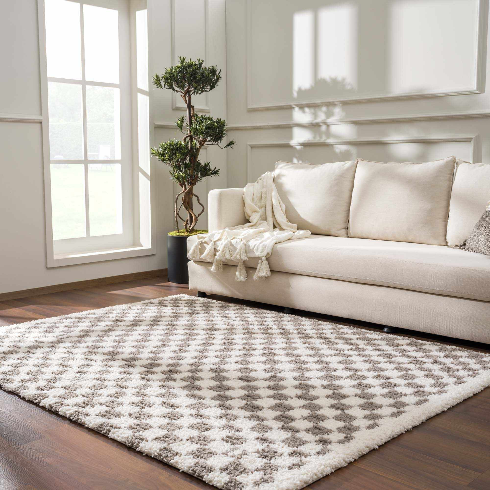 Kieu Taupe Checkered Plush Rug | Checkered Shag Rug | Boutique Rugs