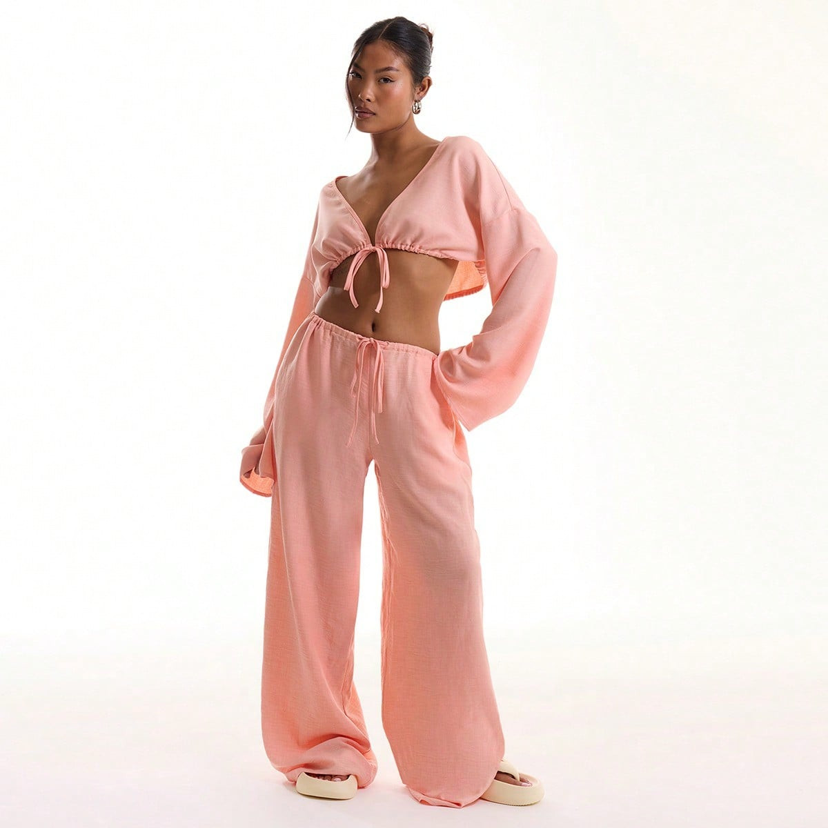 MUSERA Tie Front Linen Feel Beach Trouser | SHEIN