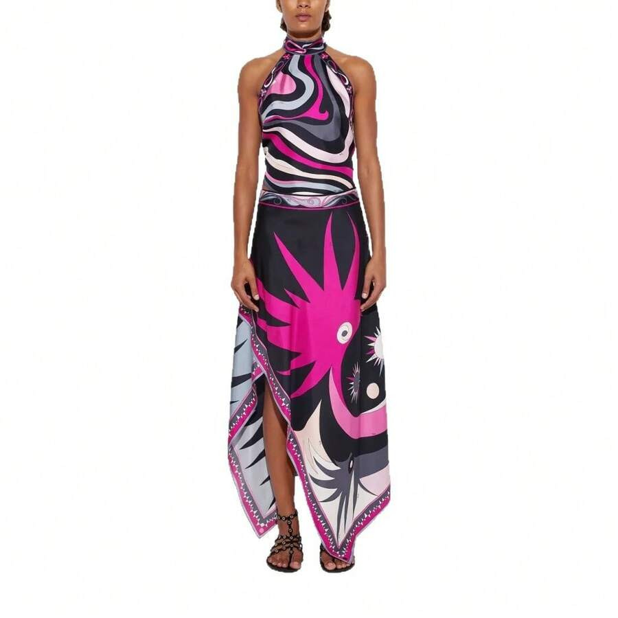 LocalNew Printed Satin Halter Neck Backless Top Irregular Hem Skirt Two Piece Set Women Summer Be... | SHEIN
