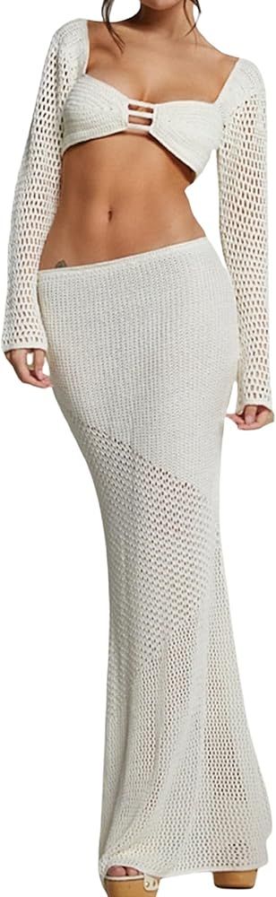Women Crochet 2 Piece Outfits Crochet Hollow Out Skirt Set Slim Crop Top High Waist Split Maxi Sk... | Amazon (US)