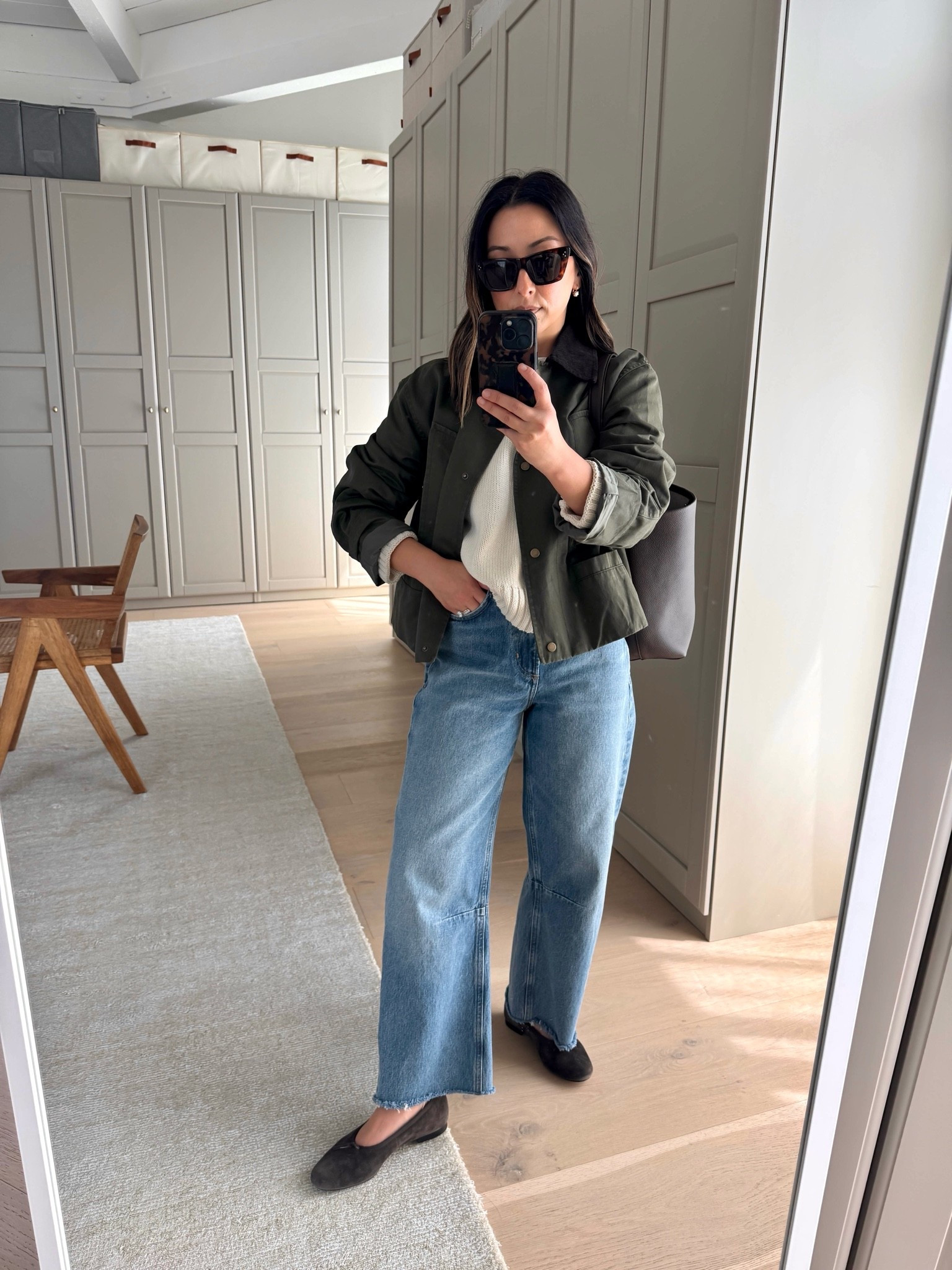 Cropped boxy barn jacket - love this shape and length for wide leg or barrel jeans.  I liked the roominess of the small

Everlane tank xs
Gap sweater petite small
Mango jacket small
Citizens of Humanity Miro jeans 24 - cut hems 
Madewell flats 5 - old
Quince bag small 
Celine sunglasses 
Dorsey Cecilia earrings 3.4
Dorsey James necklace 15”

#LTKPetite #LTKootd #LTKmomlife