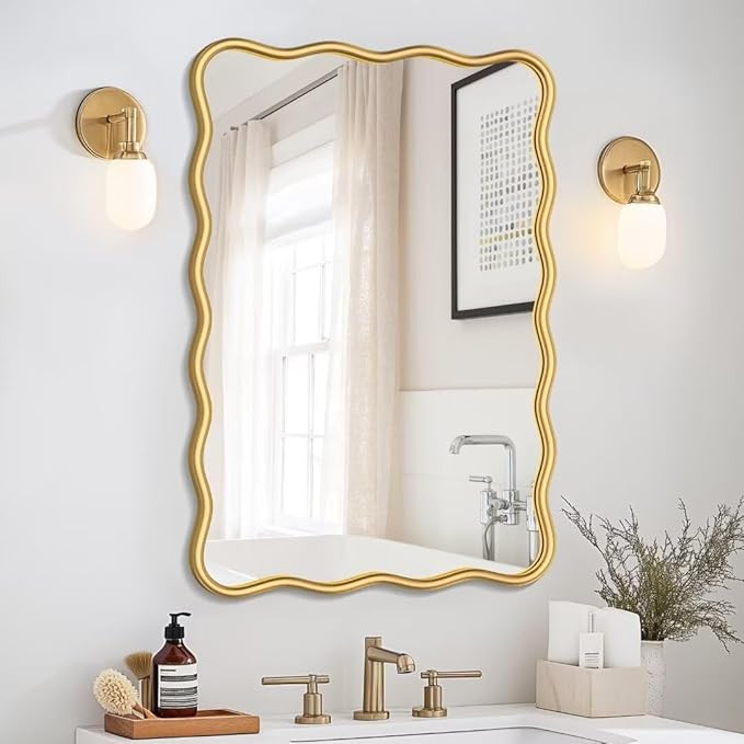 PROHOMEWARE 20 * 28" Gold Wavy Rectangular Vanity Bathroom Mirror for Wall Mounted Bedroom Entryw... | Amazon (US)