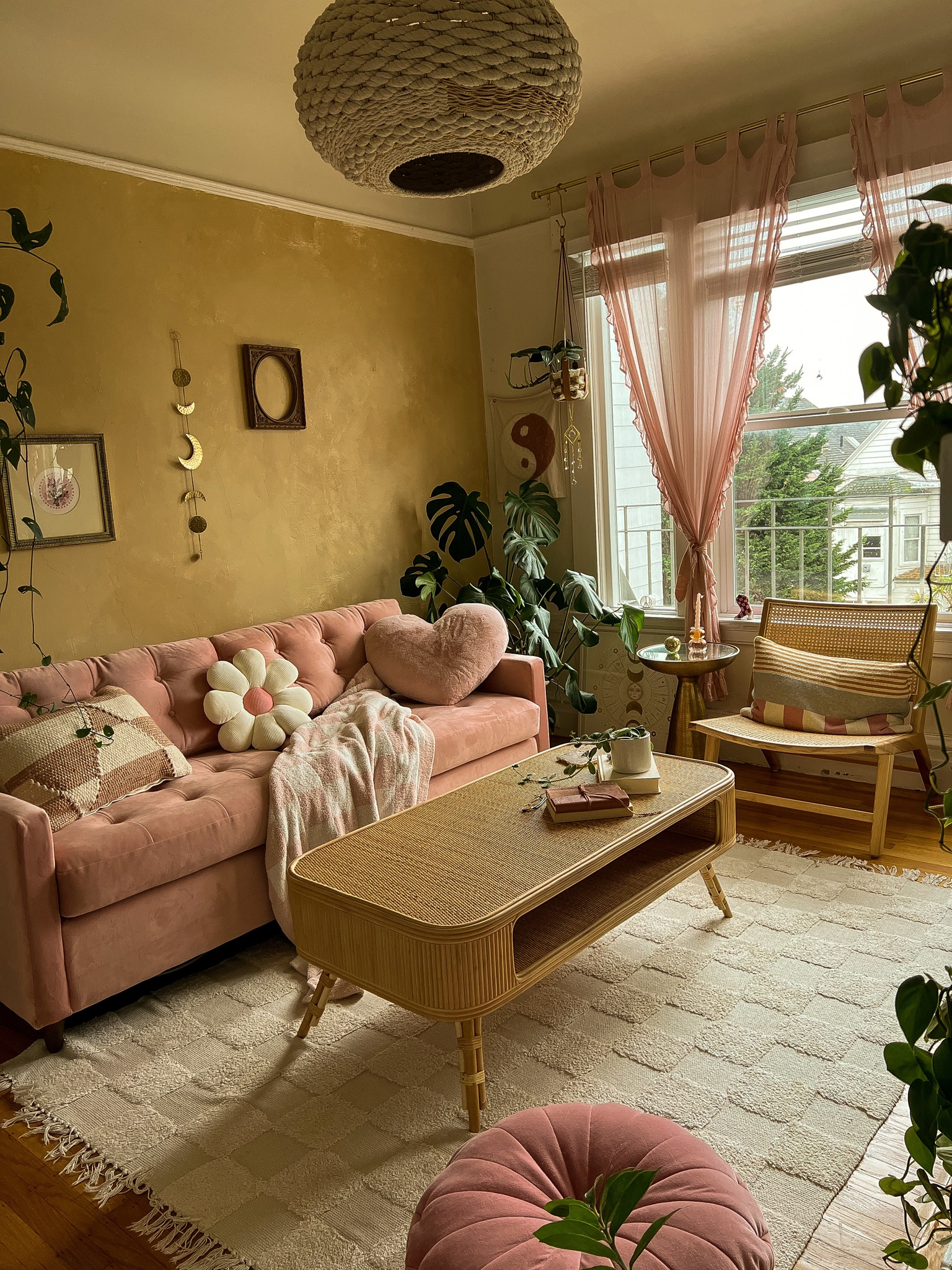 obsessed with my new setup! boho, aesthetic, pink couch, coffee table, shabby chic, pink 

#LTKFind #LTKstyletip #LTKhome