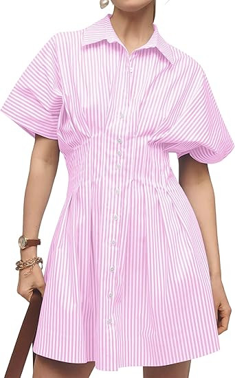 Women Button Front Pleated Shirt Dresses Summer Casual Short Sleeve Pleated Blouse Mini Dress | Amazon (US)