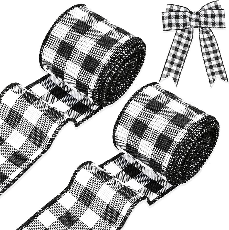 Buffalo Plaid Ribbon 2 Rolls Wired Edge Christmas Plaid Ribbon 2.5 Inch Wide Black and White Chec... | Amazon (US)