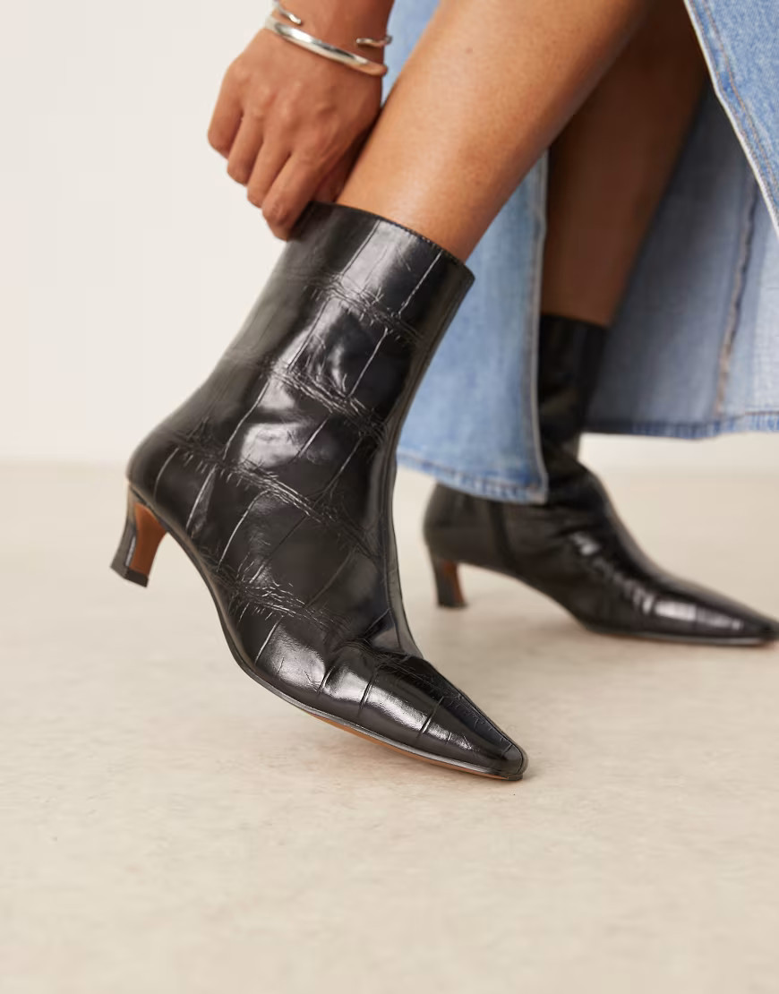 ASOS DESIGN Riley mid-heel ankle boots in black croc | ASOS (Global)