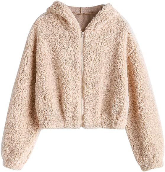 ZAFUL Women's Zip Up Faux Shearling Fluffy Hooded Cropped Teddy Jacket Coat | Amazon (US)