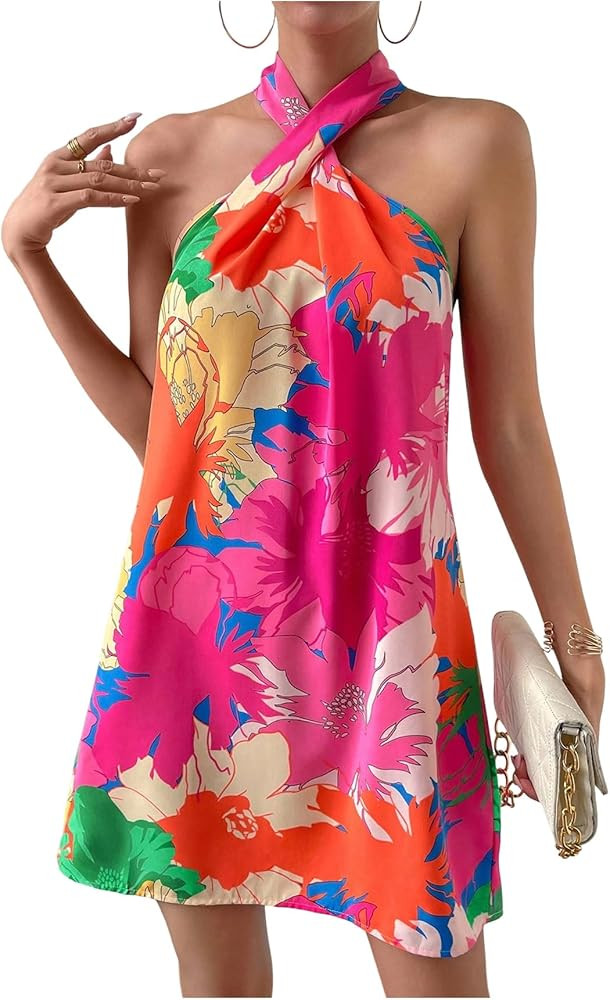 SweatyRocks Women's Floral Criss Cross Halter Dress Boho Sleeveless Mini Beach Vacation Shift Dre... | Amazon (US)