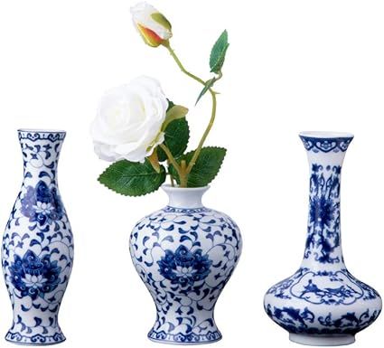 Set of 3 Small Blue & White Porcelain Vases, Fambe Glaze Porcelain Vases Set of 3, Classic Cerami... | Amazon (US)