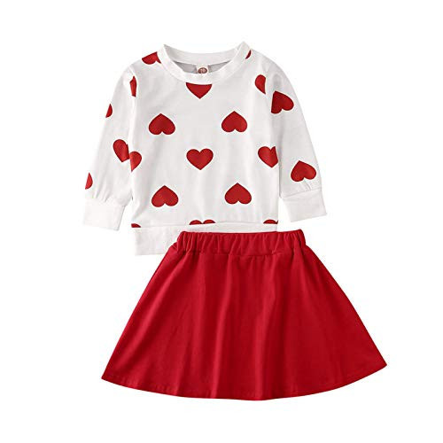 GOOCHEER Valentine's Day Toddler Girl Outfit Heart Long Sleeve Top Skirt 2pcs Kids Toddler Girl Valentine's Day Clothes Set (Red Heart, 4-5T) | Amazon (US)