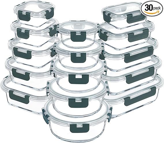 VERONES 30 Pieces Glass Meal Prep Containers Set, Airtight Glass Lunch Containers, Stackable Glas... | Amazon (US)