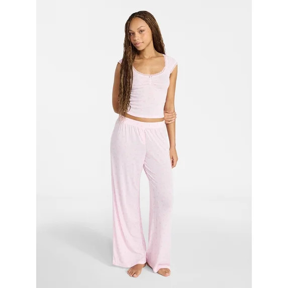No Boundaries Pointelle Baby Tee and Pants Sleep Set, 2-Piece, Women's XXS-3X | Walmart (US)