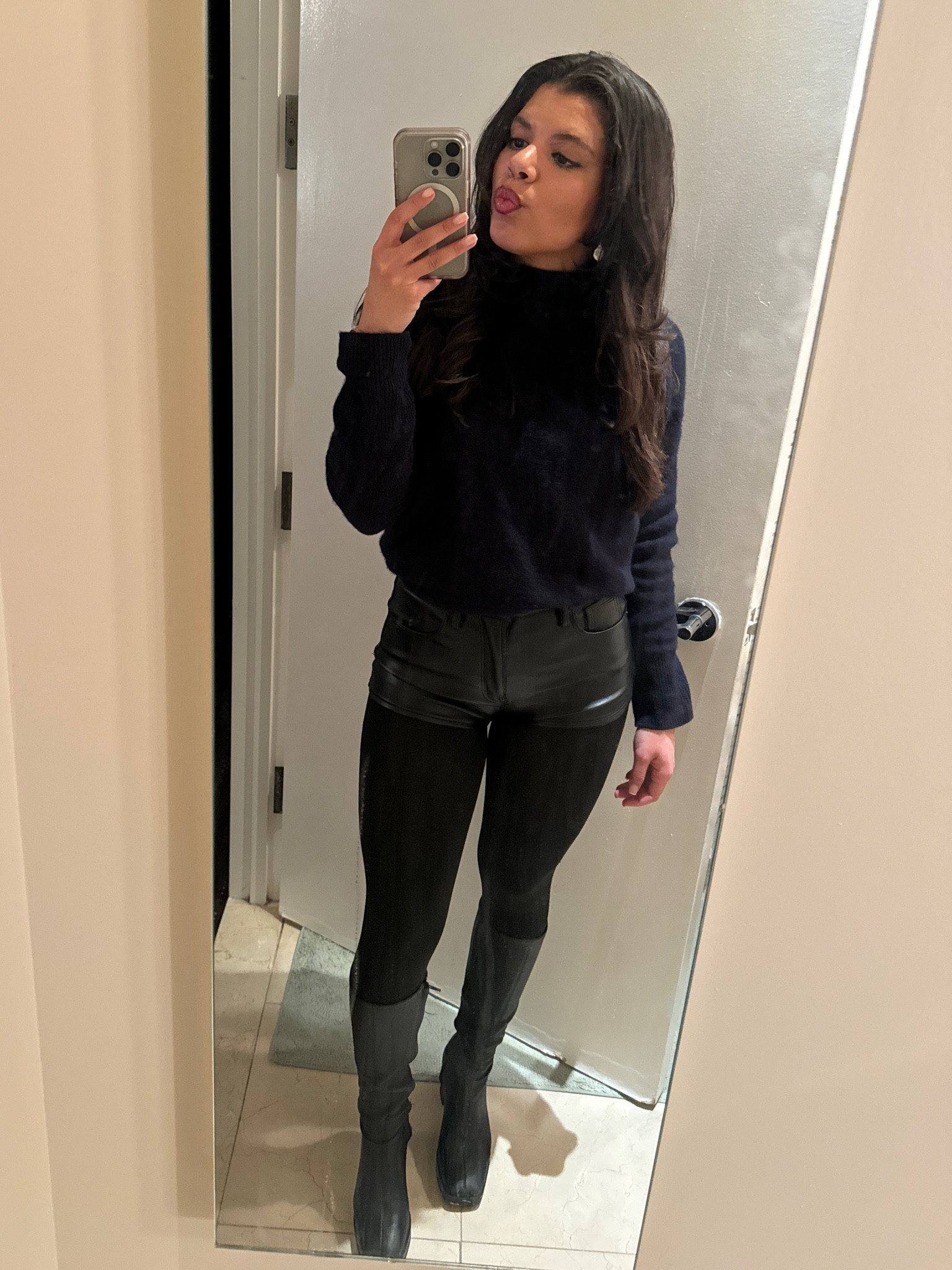 Micro shorts for the no pants trend. Leather shorts and tights with a cashmere sweater and black leather boots.

Perfect girls night outfit or going out in nyc

#LTKstyletip #LTKshoecrush #LTKparties