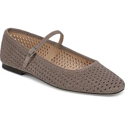 Veronica Beard Ellie Perforated Mary Jane Ballet Flat in Bark Suede at Nordstrom, Size 12 | Nordstrom
