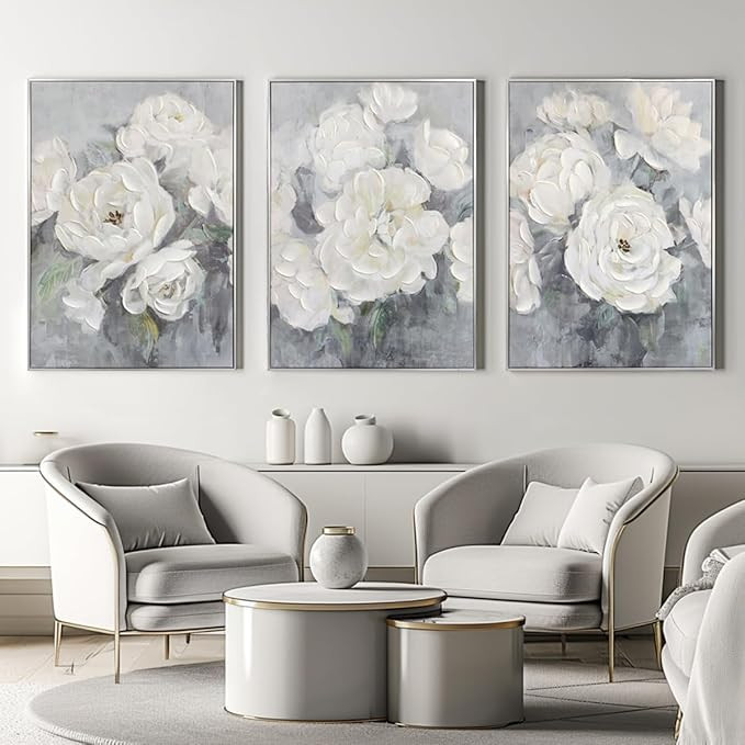Zessonic Gray and White Floral Wall Art Textured Set Of 3 Flowers Painting Canvas Neutral Prints ... | Amazon (US)