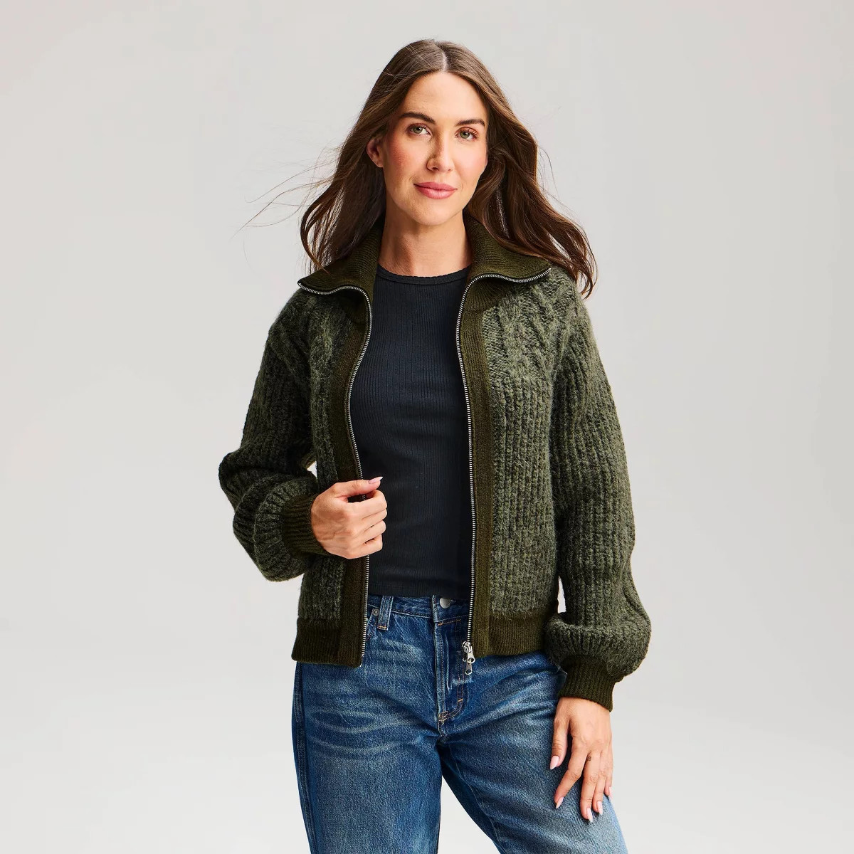 Women's Heritage Cable Bomber Collared Pullover Sweater - Universal Thread\u2122 Olive Green S | Target