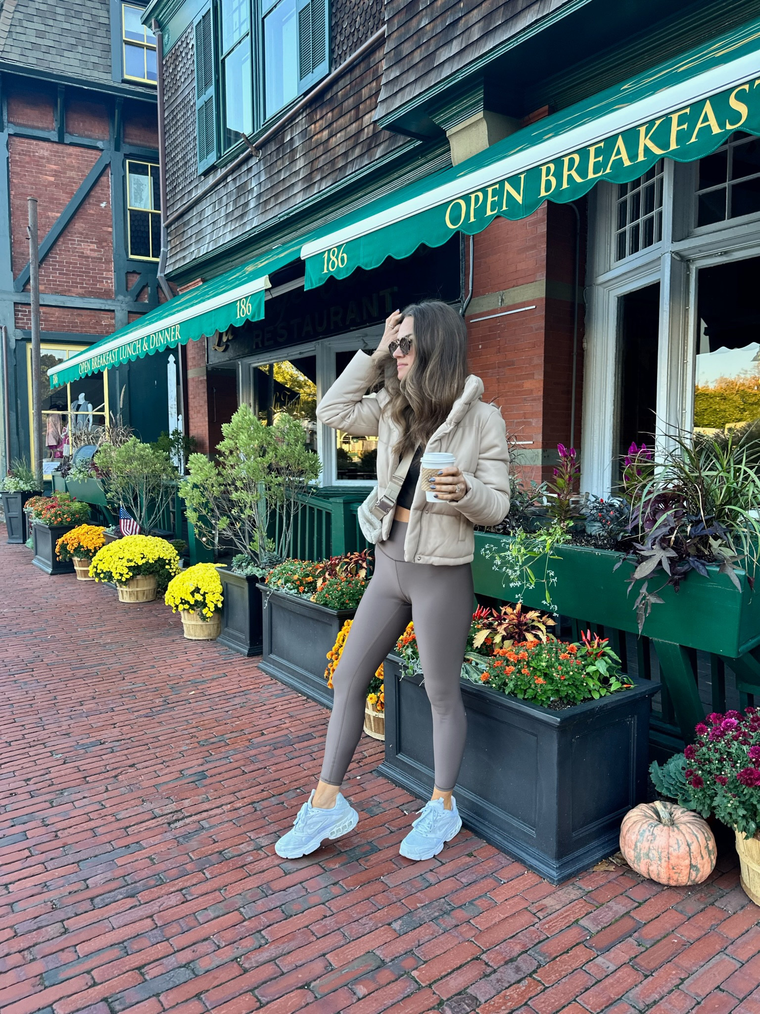 Fall/winter activewear outfit. This sheer top is an all time fav! Wearing a size S in top, leggings & puffer // Fall outfit, winter outfit, activewear outfit, neutral activewear outfit