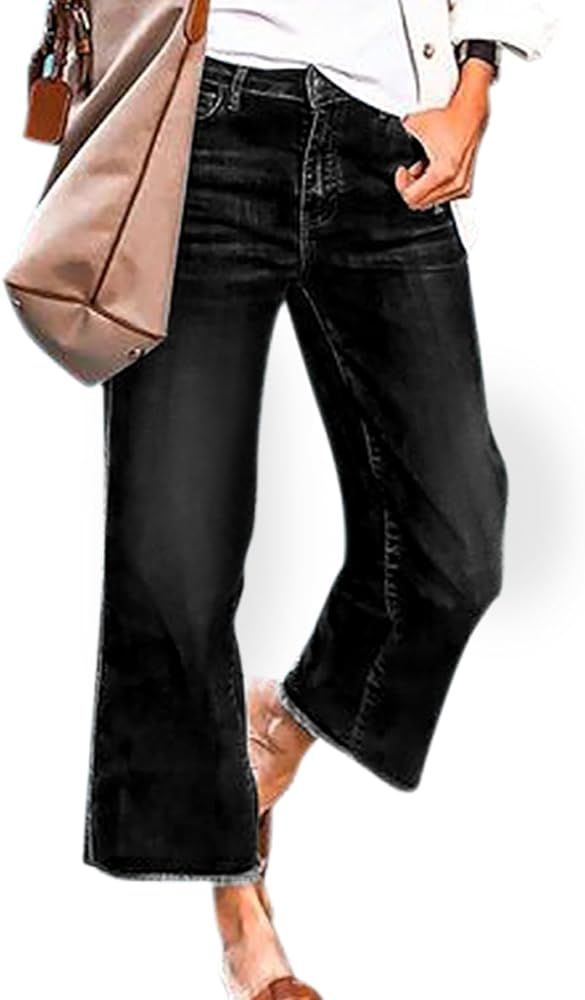 Women's Wide Leg Jeans 90S Vintage Zipper Fly Raw Hem Pull On Mid Rise Straight Leg Jeans Denim P... | Amazon (US)