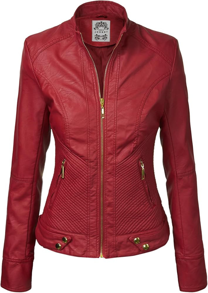 Made By Johnny MBJ Womens Faux Leather Zip Up Moto Biker Jacket with Stitching Detail | Amazon (US)