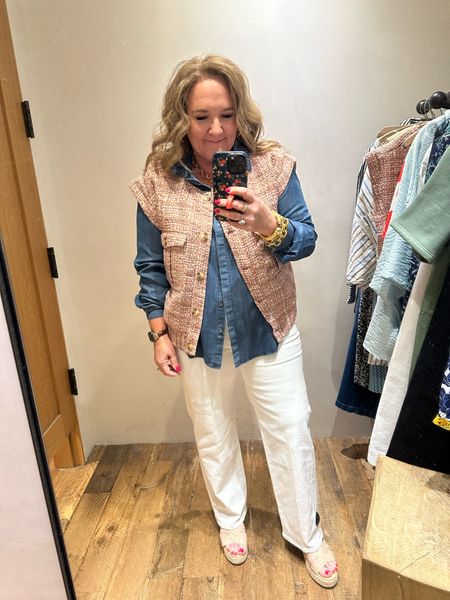 Anthropologie sale!!! Great outfit if your spring is a little cooler. 

Vest size large
Chambray shirt size XL
Mother straight leg denim I sized up to a 33. White shouldn’t be tight. 

Spring outfit work outfit 


#LTKover40 #LTKSpringSale #LTKmidsize