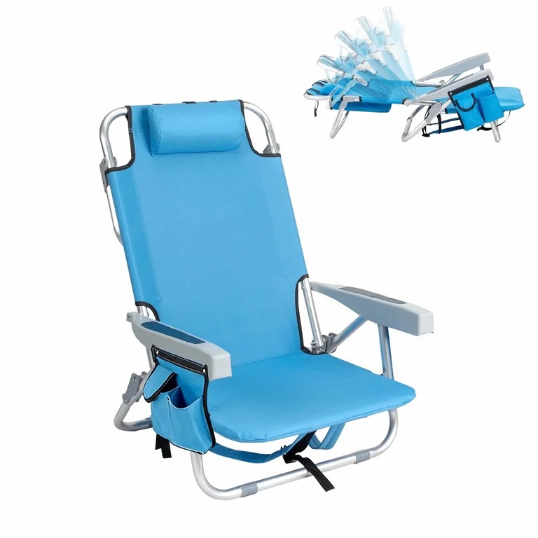 Beach Chairs with 5-Position Recline, 330lbs Folding Backpack Beach Lounge Chairs with Storage Po... | Walmart (US)