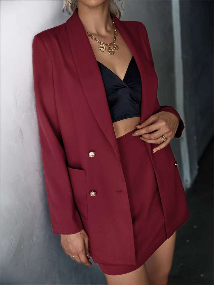Shawl Collar Double Breasted Blazer & Skirt | SHEIN