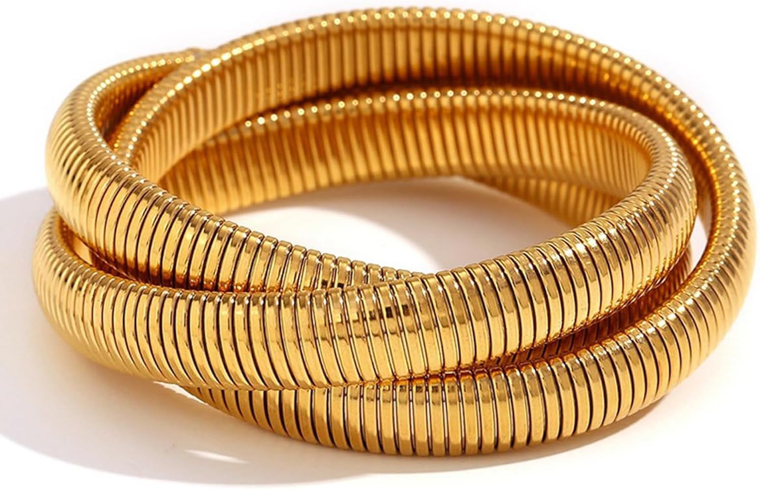 A D. ALLEN & DANMI. 18 K Gold Plated Chunky Titanium Bracelet Stack, Flexible Wide Wristband Bangle Layered Snake Chain Bracelet for Women | Amazon (US)