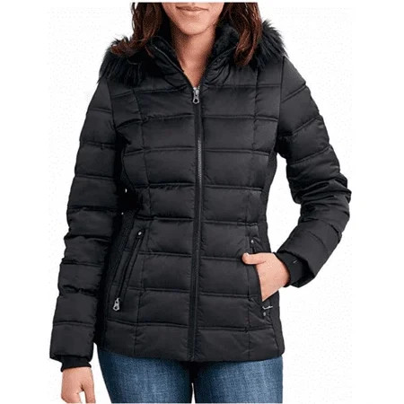 Nautica Women s Light-Weight Puffer Jacket Faux Fur Ruffed Hood | Walmart (US)