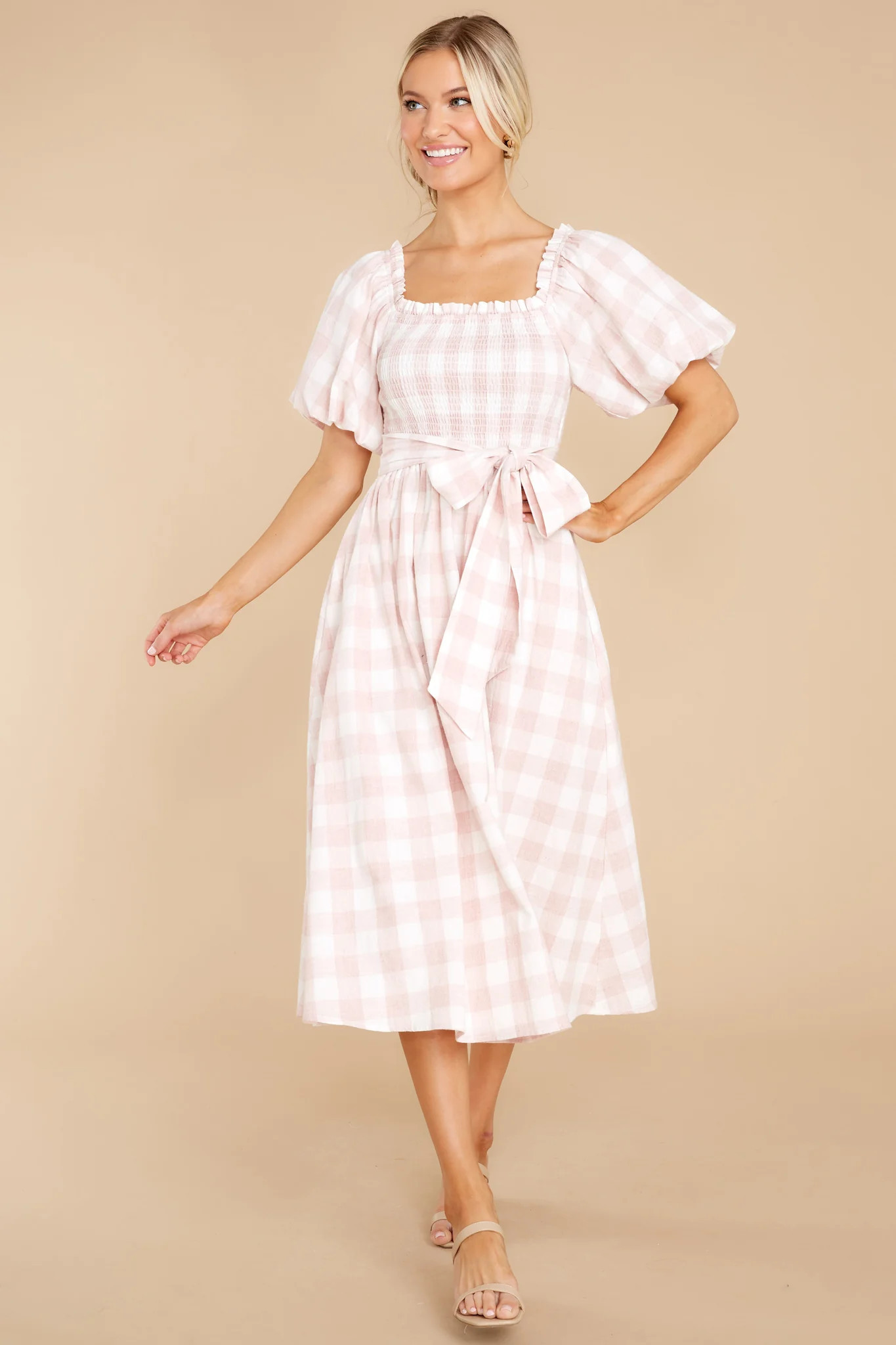 Graceful Song Pink Gingham Midi Dress | Red Dress 
