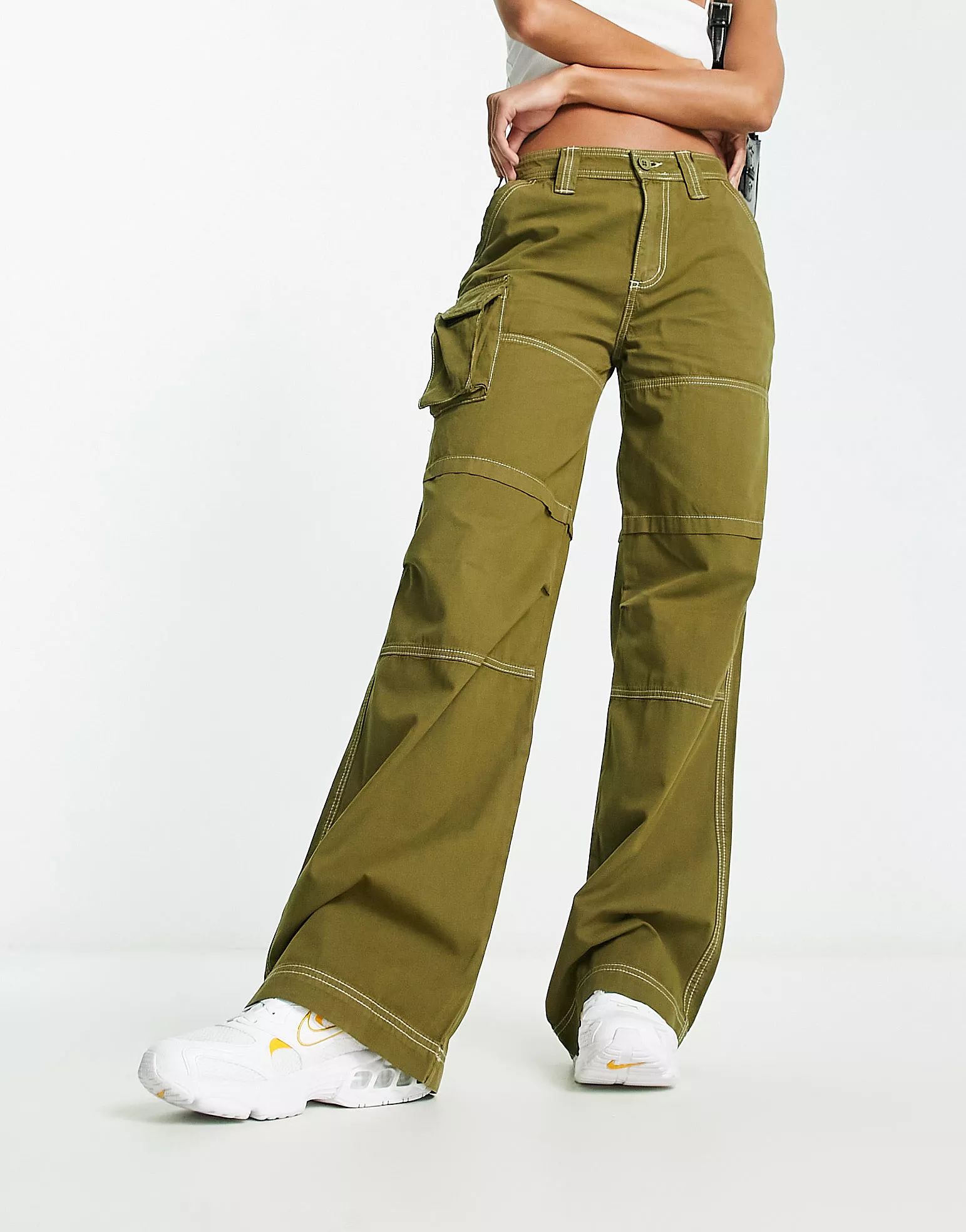 COLLUSION pocket detail cargo pants with white stitch in olive | ASOS (Global)