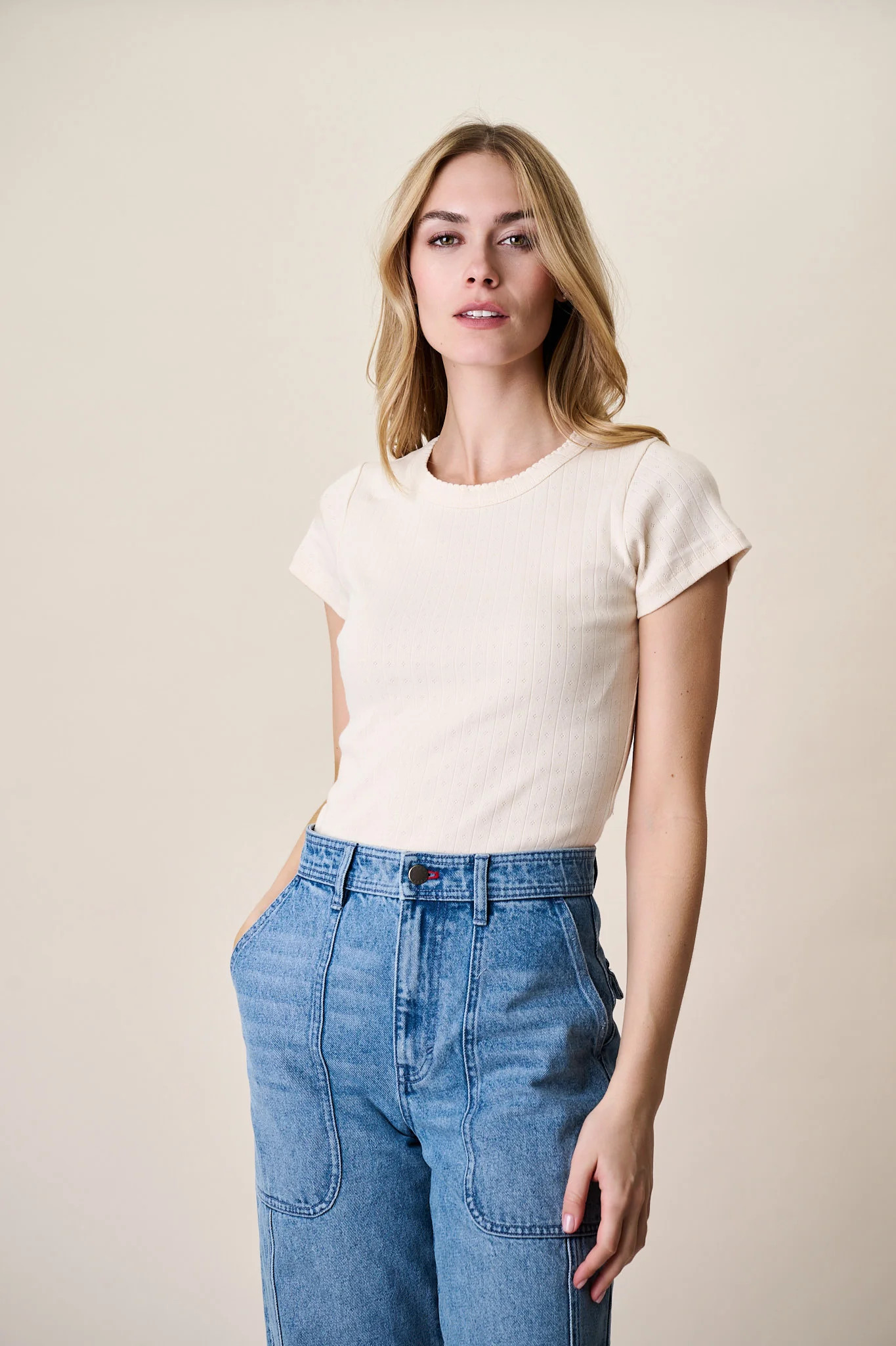 Pointelle Short Sleeve Crewneck - Ivory | Marea