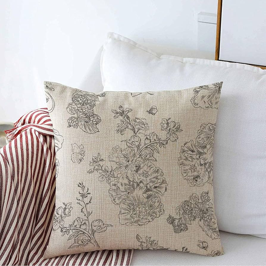 Decorative Farmhouse Square Throw Pillow Cover Linen Colorful Jouy Floral Pattern Peony Raspberri... | Amazon (US)