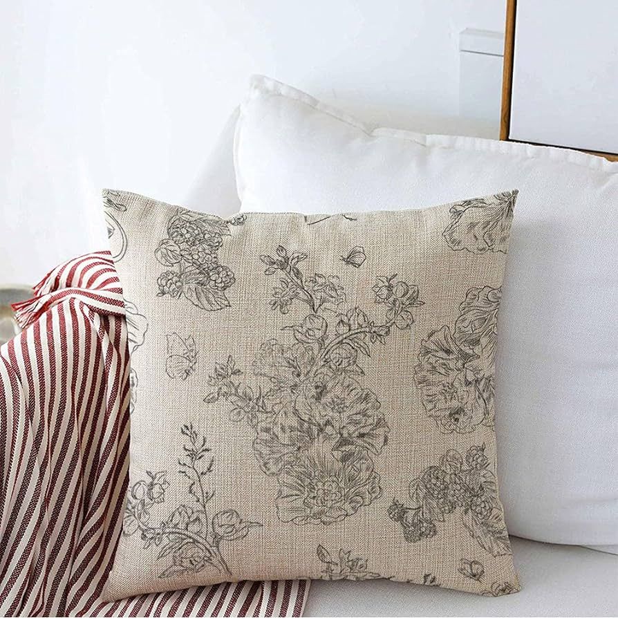 Decorative Farmhouse Square Throw Pillow Cover Linen Colorful Jouy Floral Pattern Peony Raspberri... | Amazon (US)